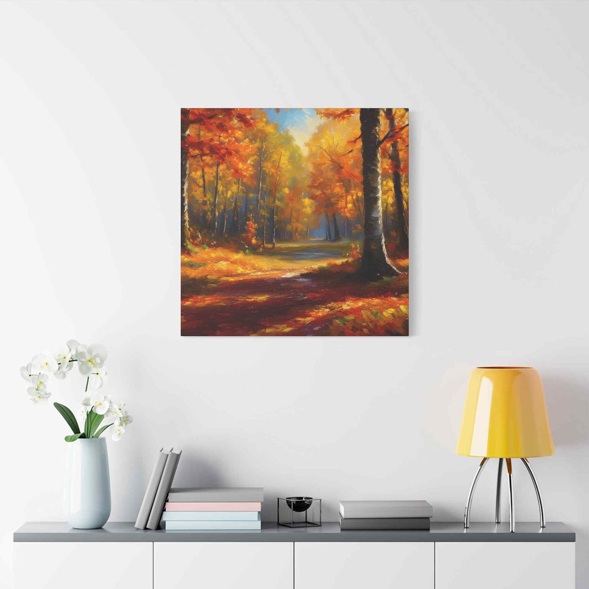 Fall Forest Print Canvas, Oil Paint Print 20x20, 24x24, 30x30, 32x32, 36x36 Art Design Canvas Pine-Wood Inner Frame MC-101