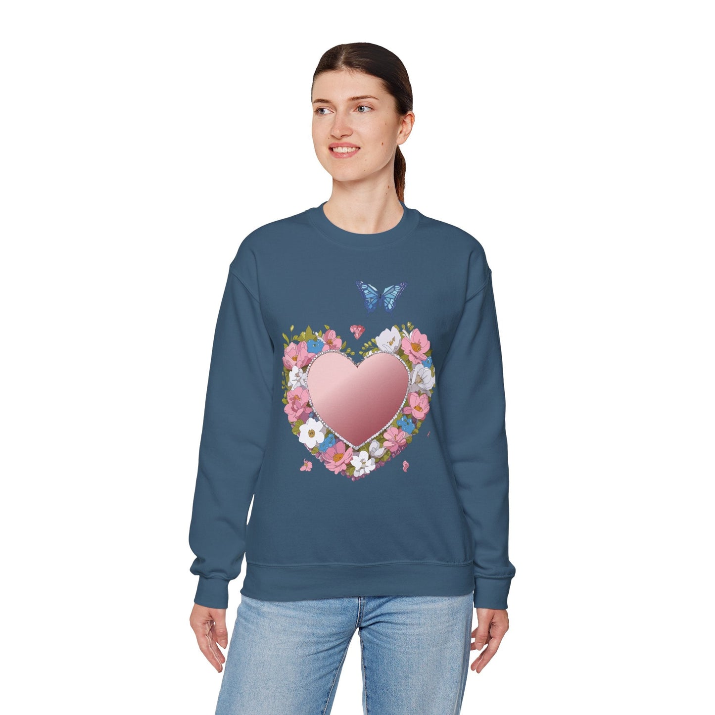 Unisex Floral Heart Sweatshirt Valentines Day Love Crewneck Gildan 18000 50/50 Cotton Polyester