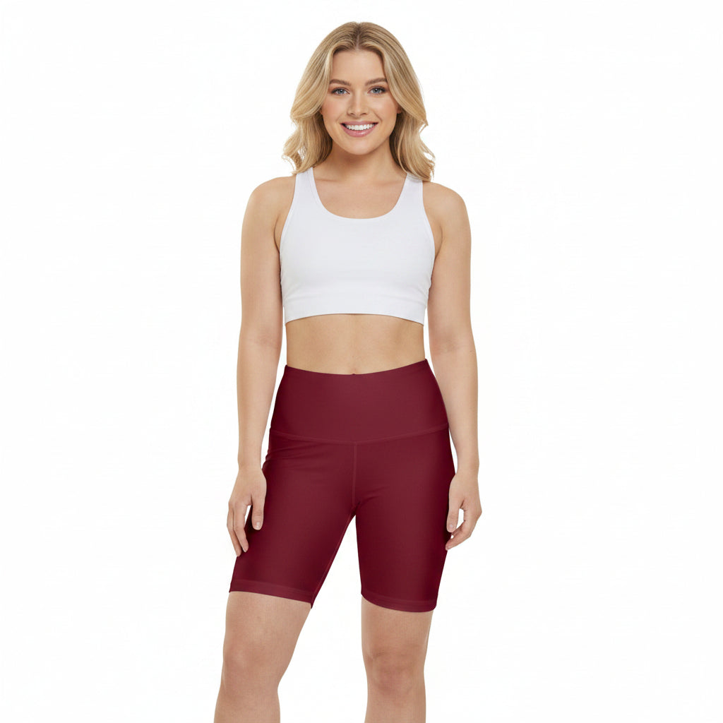 Burgundy Women's Workout Shorts — Burgundy High-Waist Bike Shorts for Exercise & Activewear