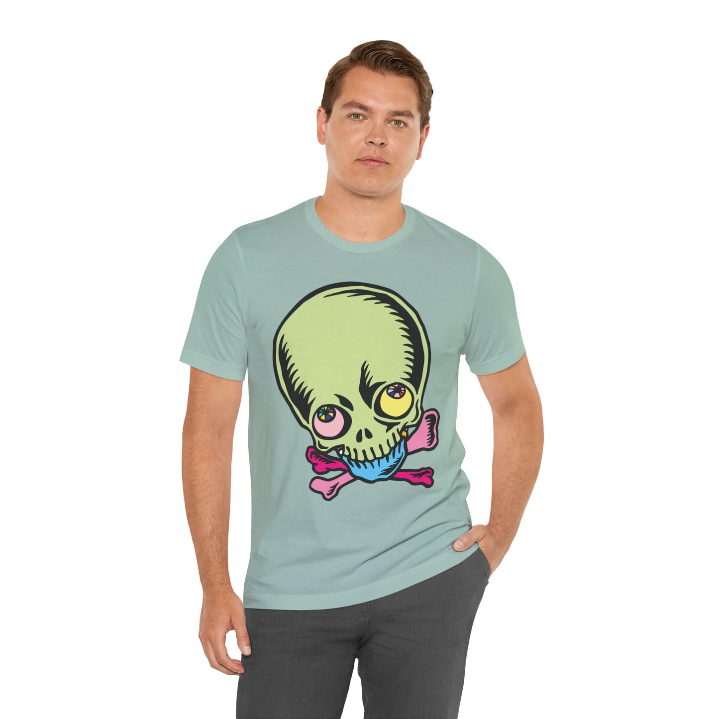 Lt Green Skull Graphic Design Tee, Skull Shirt, Vintage Tees, Art Design T-Shirt, Vintage Graphic Tee, Art Shirts with Skulls