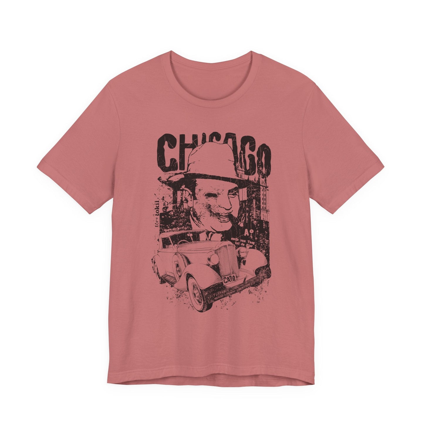 Chicago Retro Mobster Illustration Tee Vintage Car Cityscape Art Design T-Shirt A-8