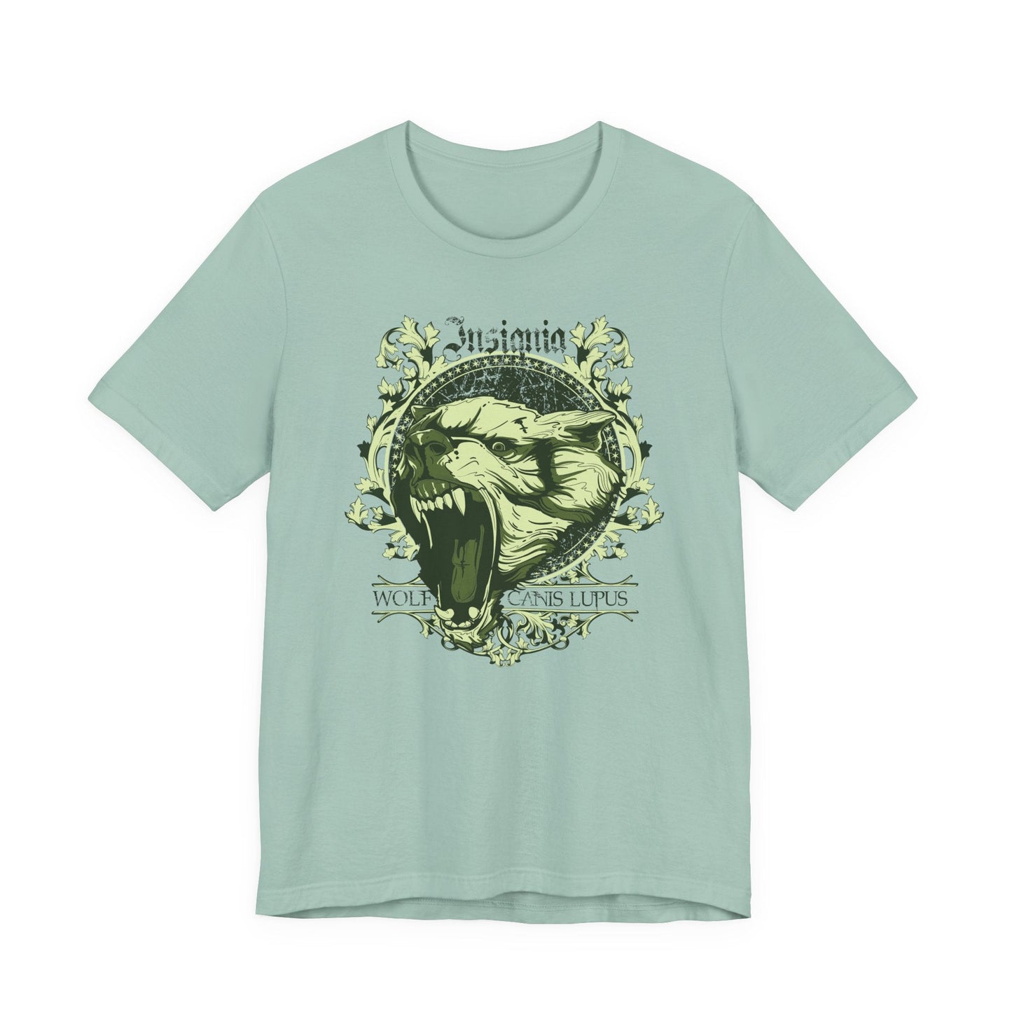 Howling Wolf Skull Tee Gothic Vintage Crest, Green Graphic Shirt Art-54