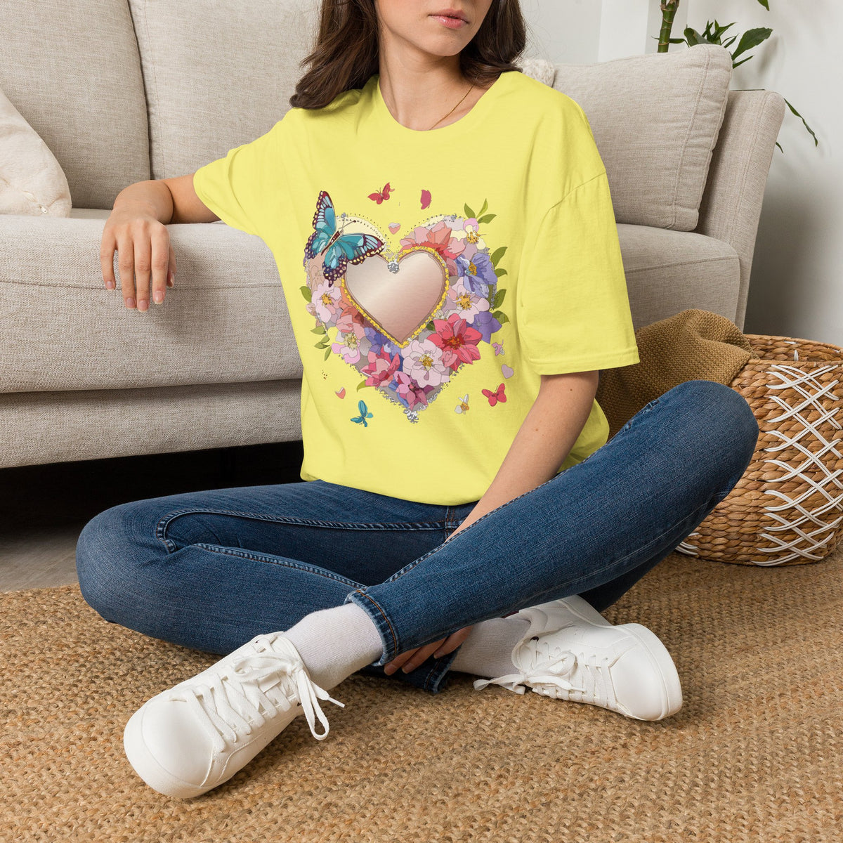 Butterfly Floral Heart Pink Gold Heart with Flowers and Butterflies Graphic Design Unisex 100 Cotton Gildan T-Shirt