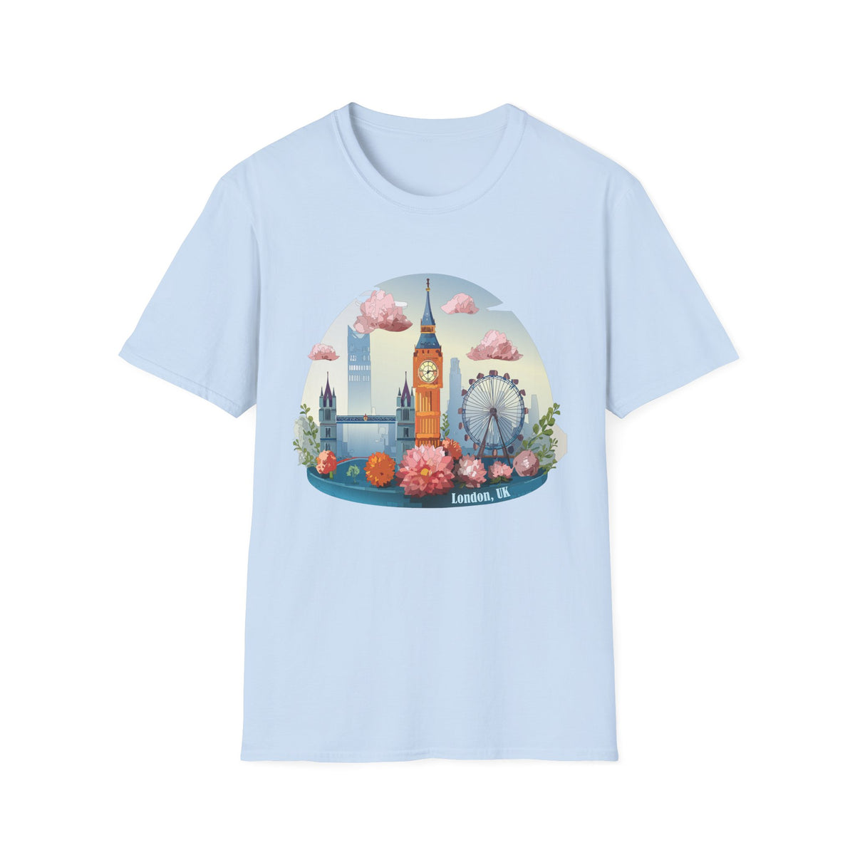 Whimsical London Skyline T-Shirt | Big Ben, London Eye, pastel clouds