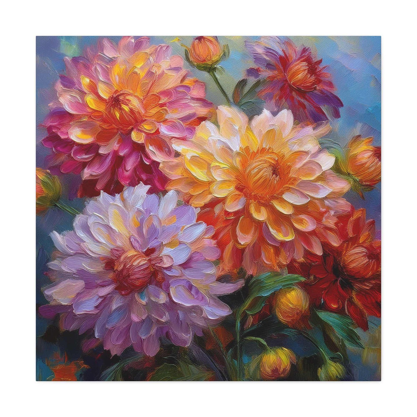 Dahlias Floral Print Canvas, Floral Oil Paint Print 20x20, 24x24, 30x30, 32x32, 36x36 Art Design Pine-Wood Inner Frame MC-165