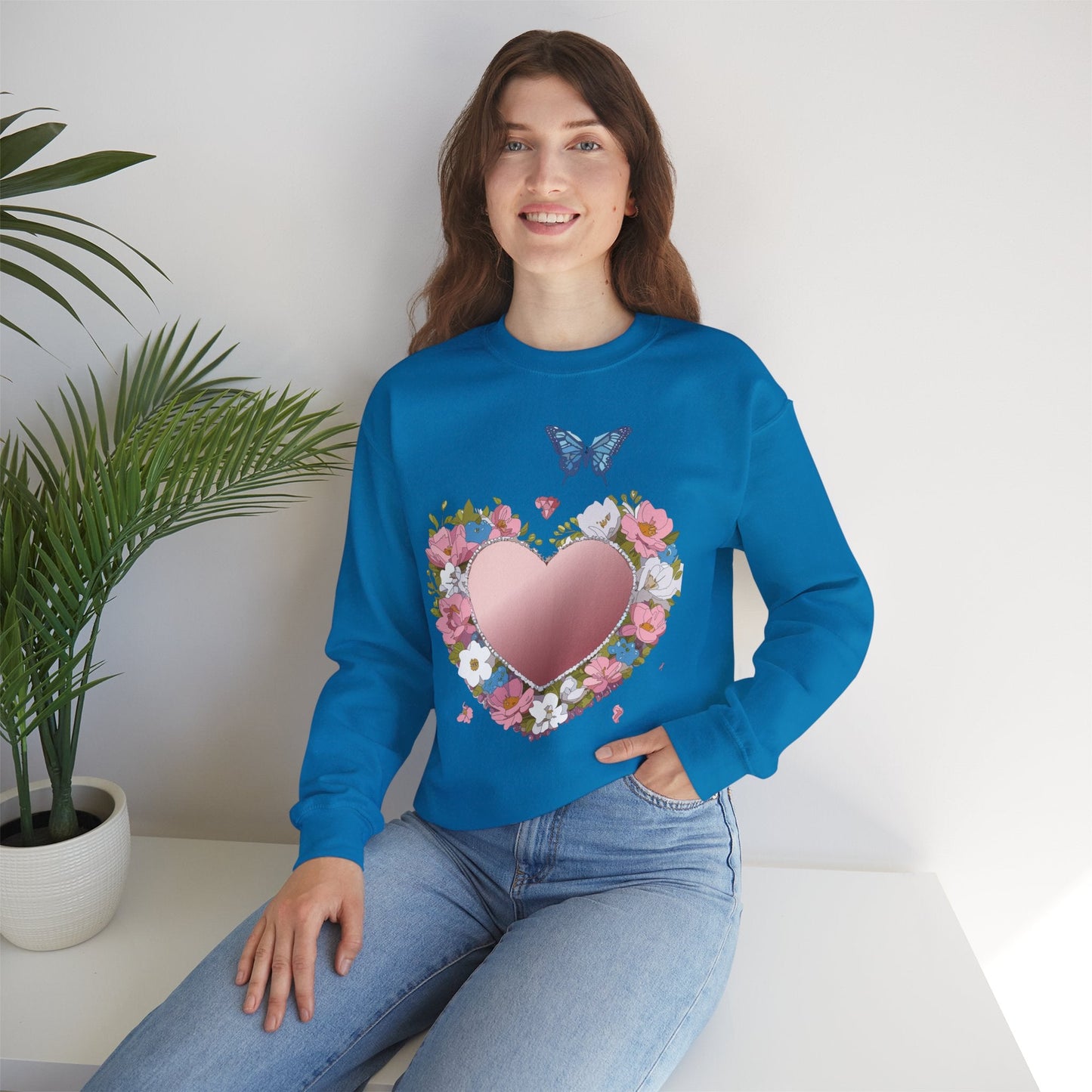 Unisex Floral Heart Sweatshirt Valentines Day Love Crewneck Gildan 18000 50/50 Cotton Polyester