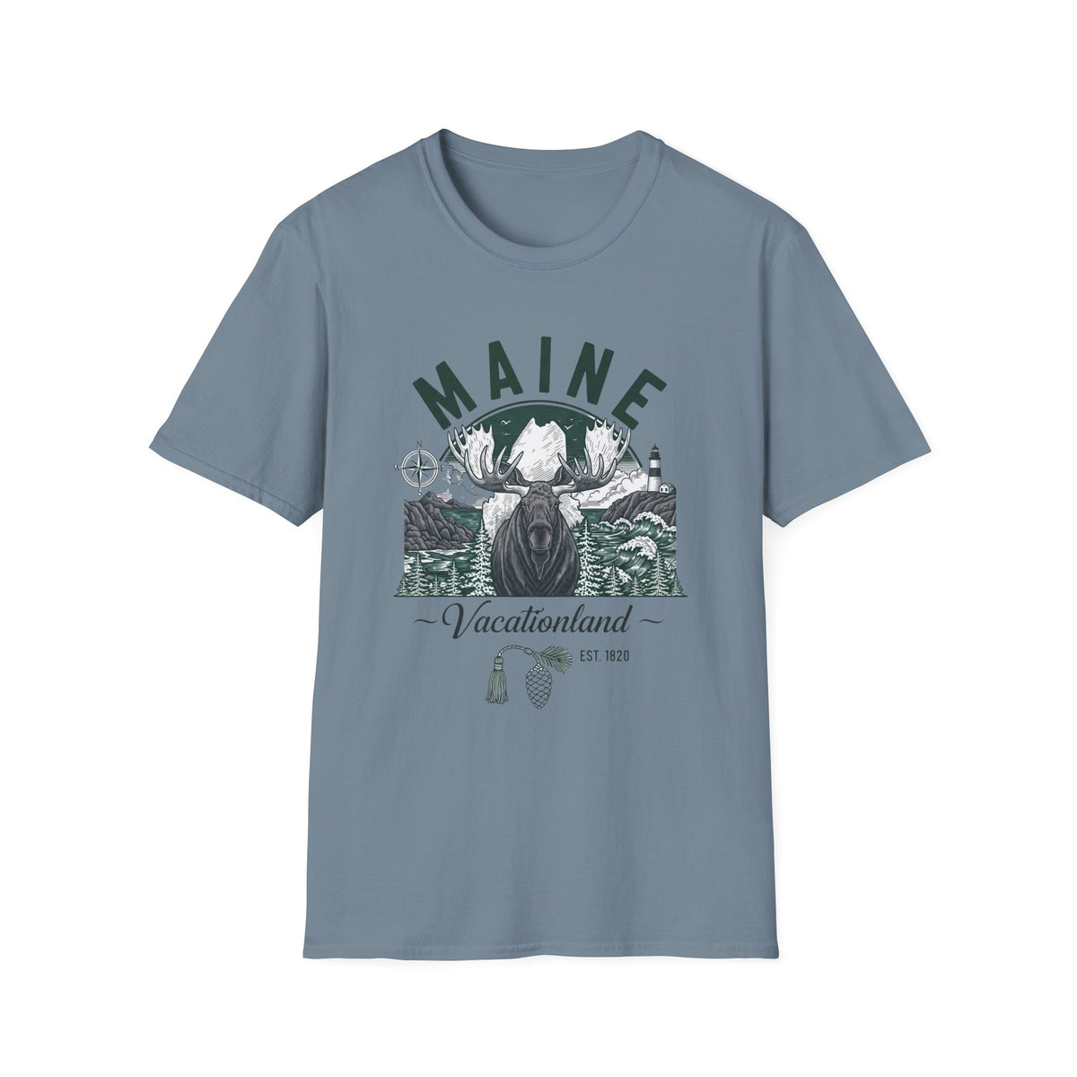 Maine Vacationland Moose T-Shirt — Rustic Coastal State Pride Tee Travel Tourist Graphic Design Unisex 100 Cotton Gildan T-Shirt