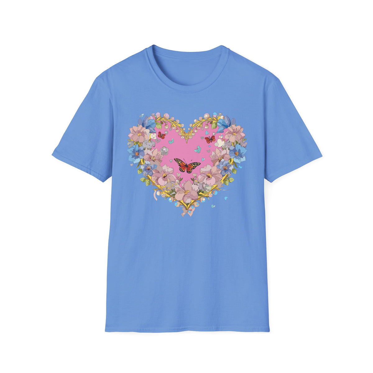 Floral Heart with Butterfly T-Shirt | Pink Bloom Love Graphic Tee Unisex 100 Cotton Gildan T-Shirt