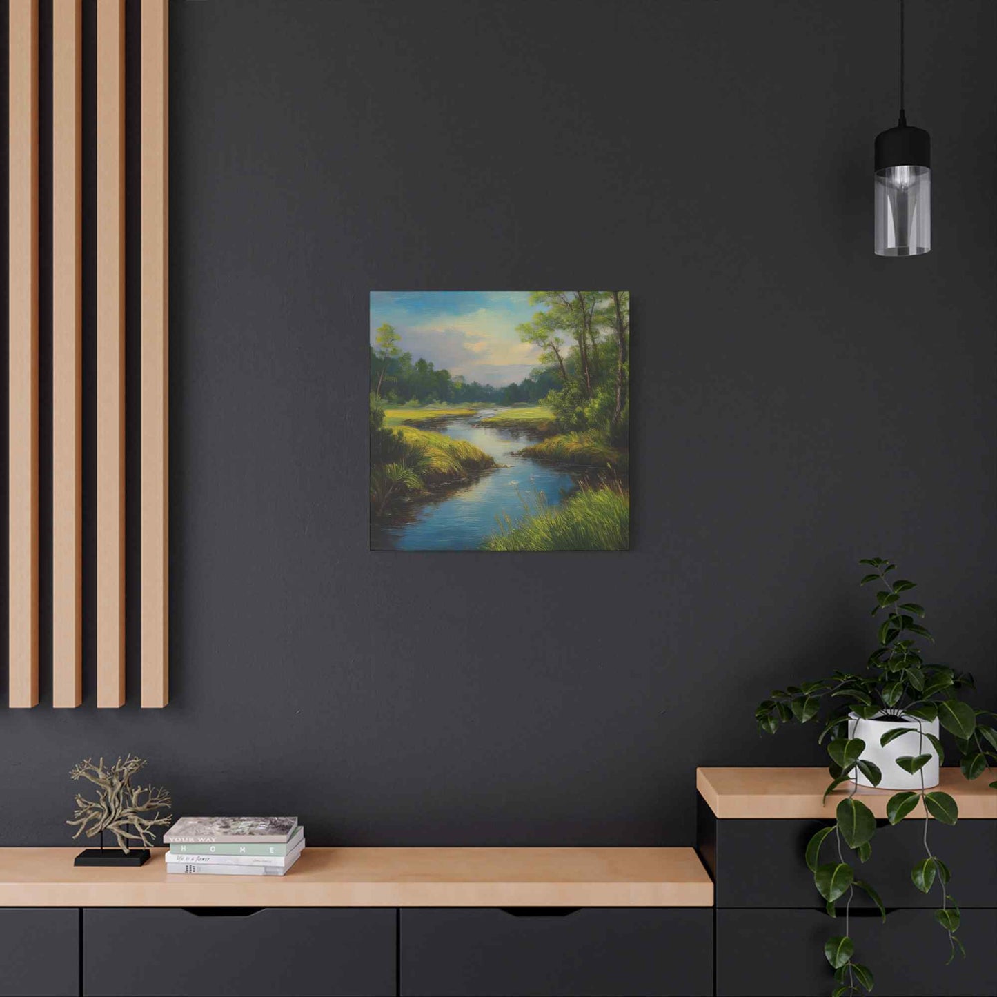 River Print Canvas, Landscape Oil Paint Print 20x20, 24x24, 30x30, 32x32, 36x36 Art Design Print Pine-Wood Inner Frame MC-52