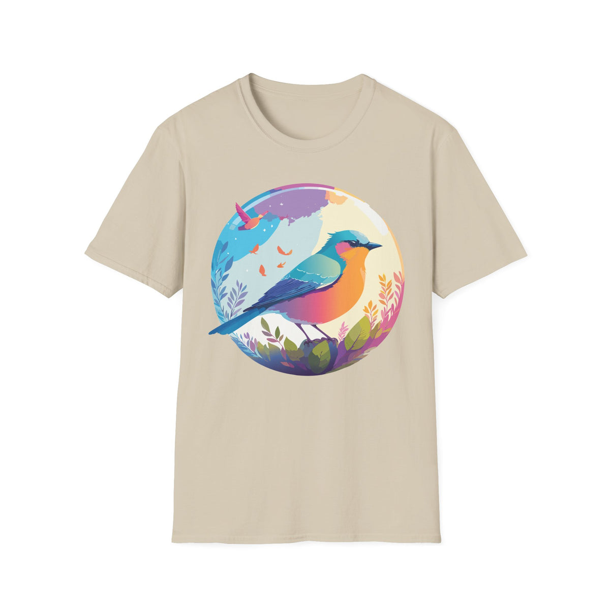 Colorful Bird Illustration T-Shirt | Rainbow Songbird Circle Art