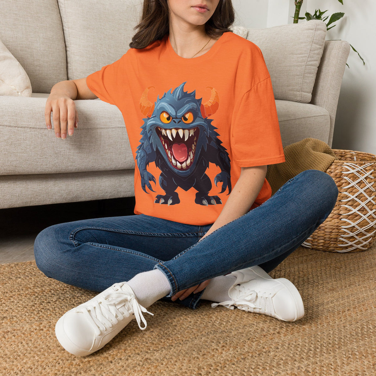 Monster Graphic T-Shirt — Fierce Blue Horned Creature Cartoon Graphic Tee Unisex 100 Cotton Gildan T-Shirt