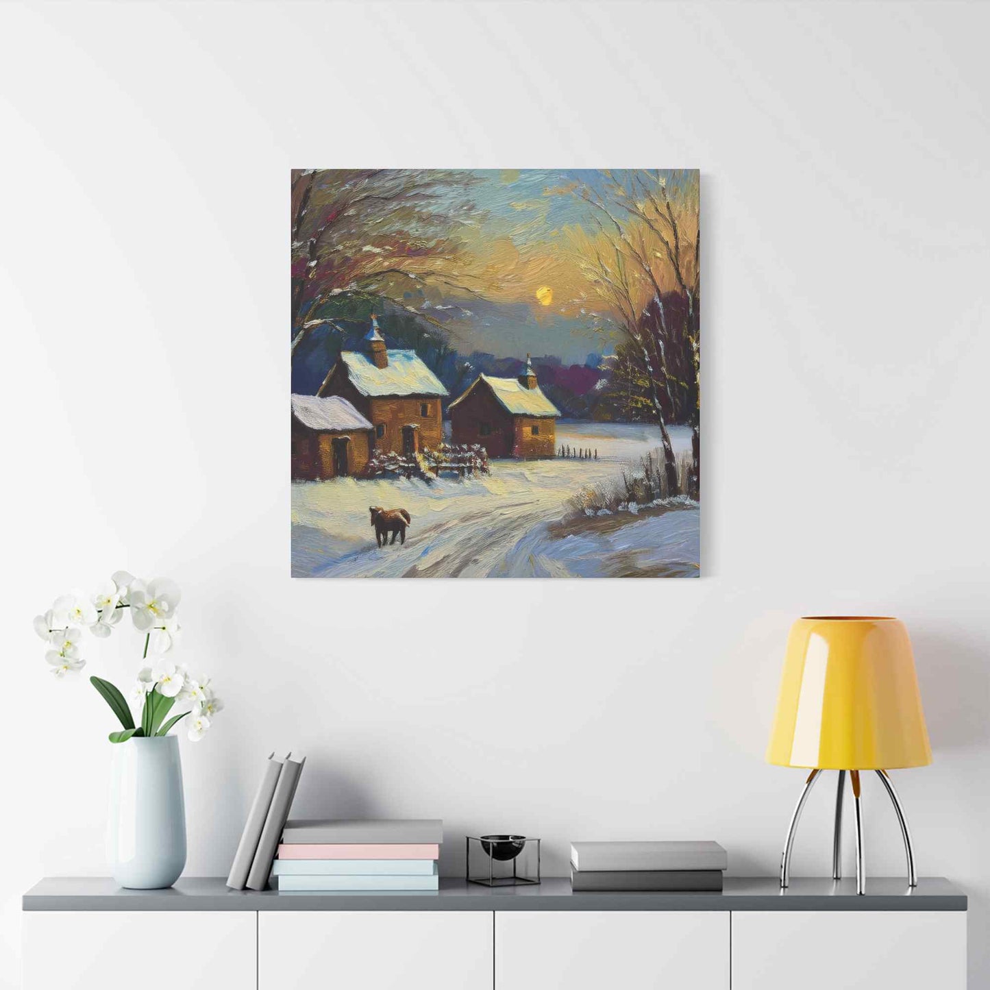 Countryside Winter Print Canvas, Oil Paint Print 20x20, 24x24, 30x30, 32x32, 36x36 Art Design Pine-Wood Inner Frame MC-111