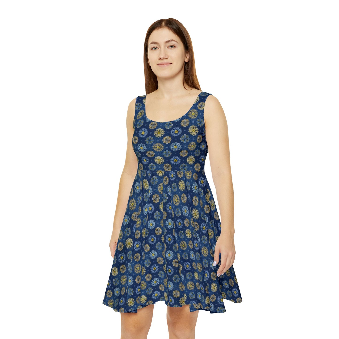 Women Denim Print Skater Dress, Denim Print Poly-Span Dress - 34-2