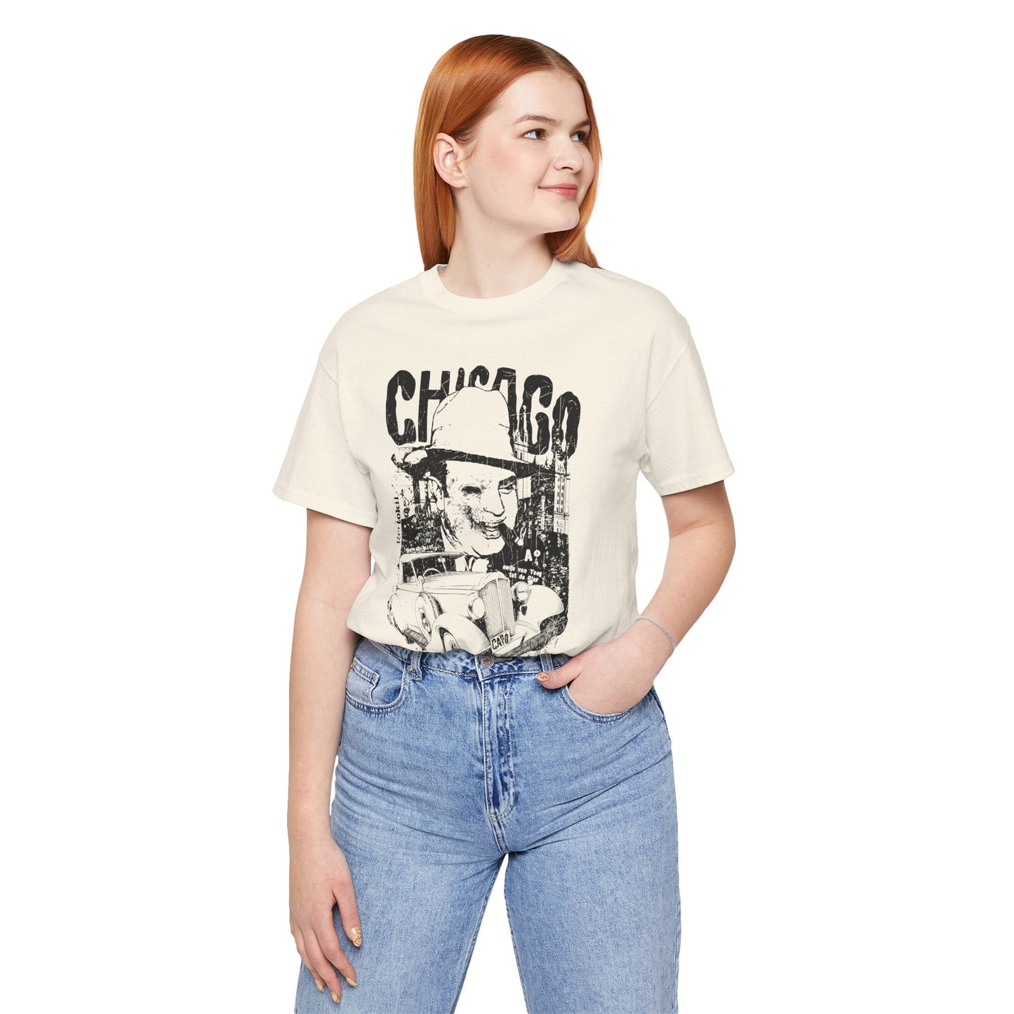Chicago Retro Mobster Illustration Tee Vintage Car Cityscape Art Design T-Shirt A-8