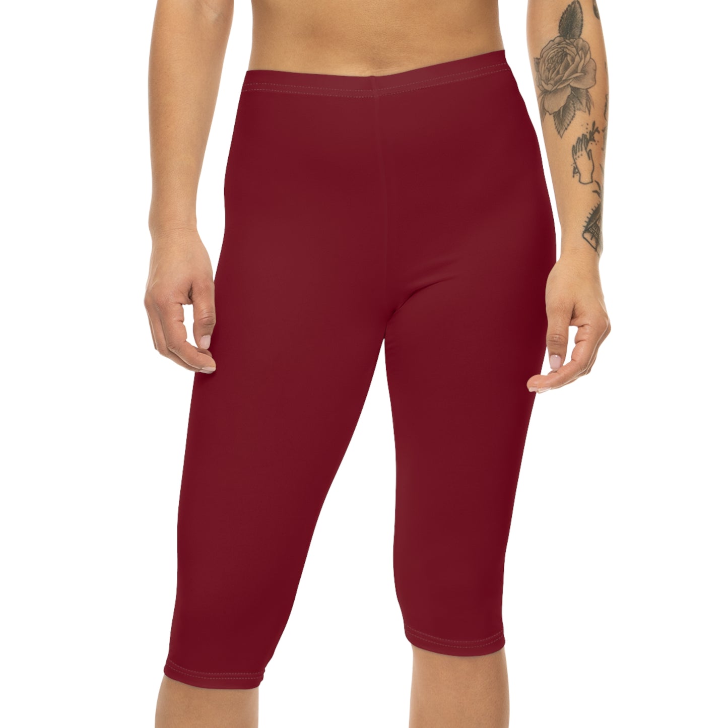 Burgundy Color Women's Brushed Suede Poly Span Casual Capri Leggings XS-2XL