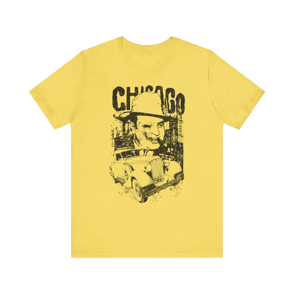 Chicago Retro Mobster Illustration Tee Vintage Car Cityscape Art Design Unisex Cotton T-Shirt A-8