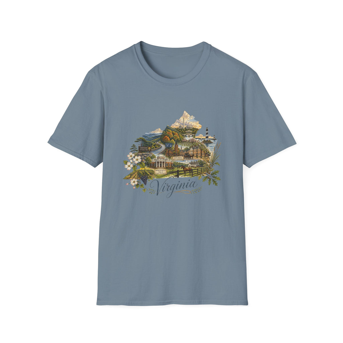 Virginia State Scenic T-Shirt — Vintage Mountains & Coastal Landmarks Travel Tourist Graphic Design Unisex 100 Cotton Gildan T-Shirt