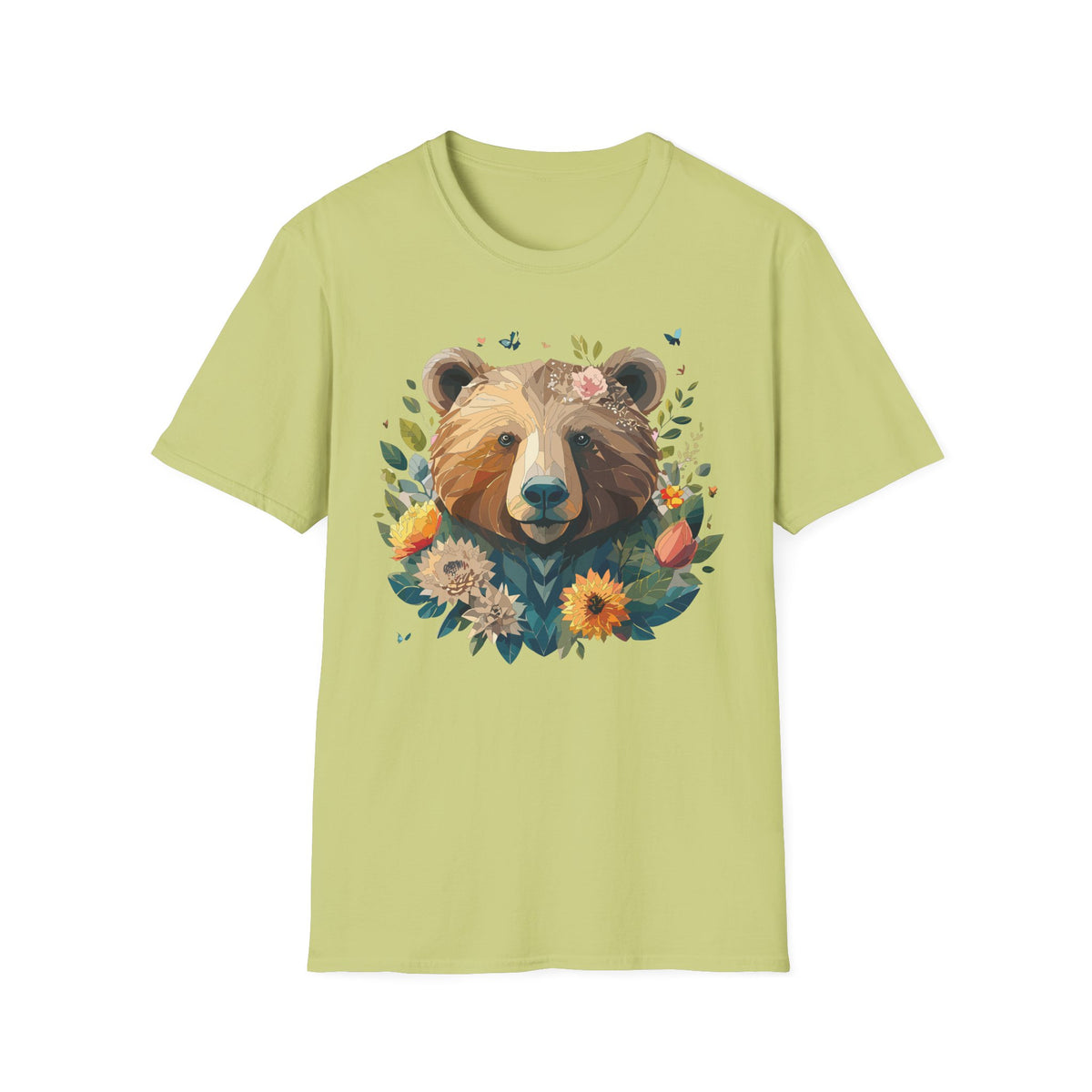 Floral Bear Illustration T-Shirt | Bear Face with Flowers