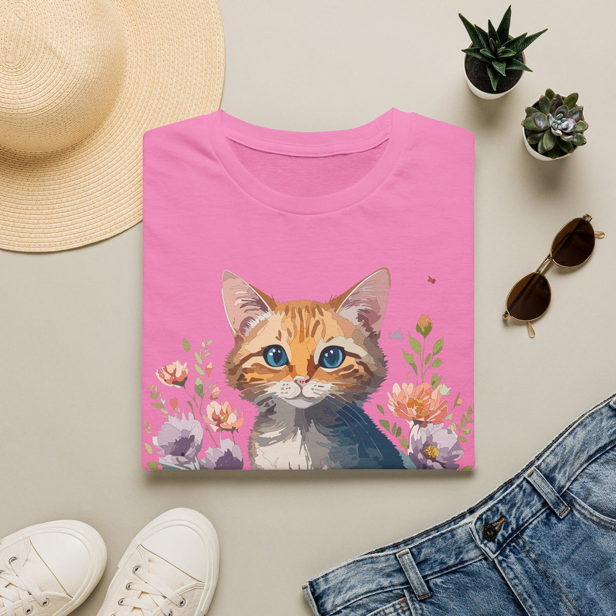 Watercolor Ginger Kitten T-Shirt | Floral Cat Illustration, Cute Kitty Tee