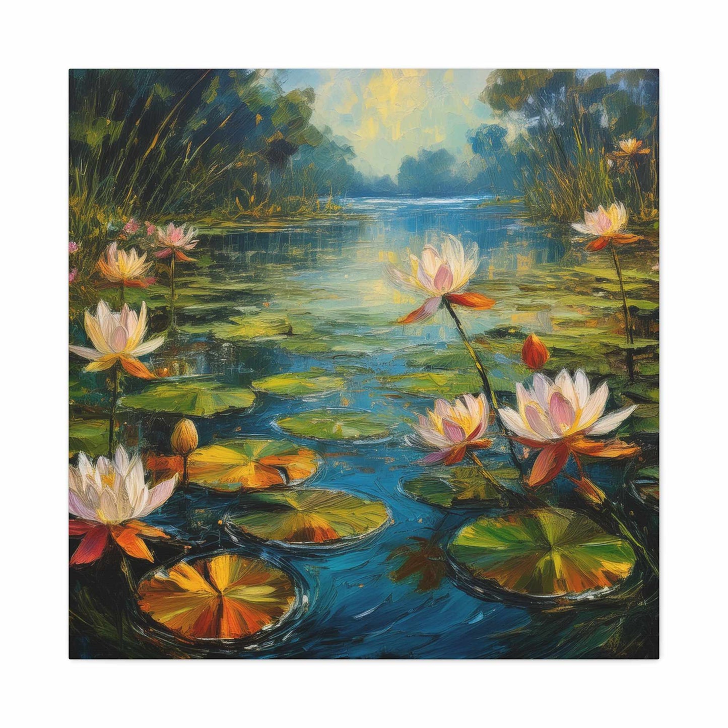 Water Lilies Print Canvas, Oil Paint Print 20x20, 24x24, 30x30, 32x32, 36x36 Art Design Print Pine-Wood Inner Frame MC-62