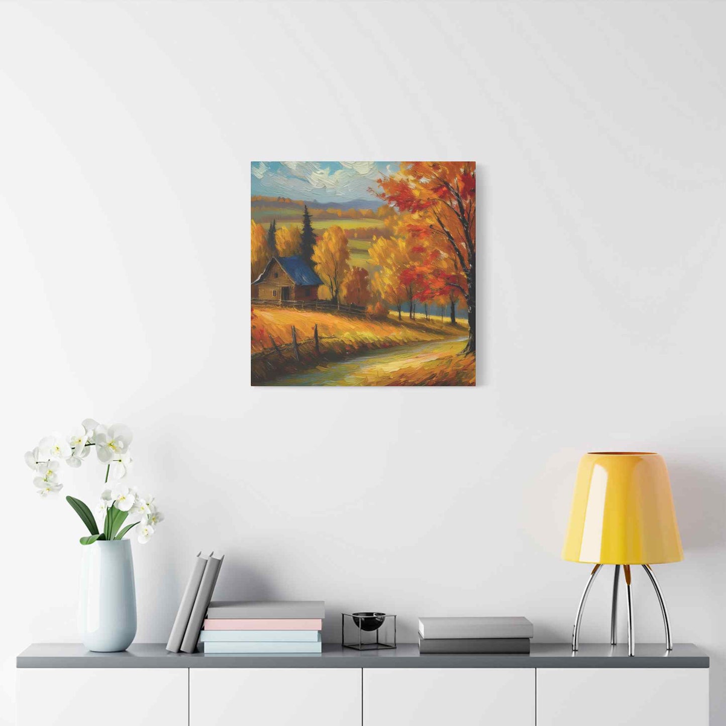 Countryside Fall Print Canvas, Oil Paint Print 20x20, 24x24, 30x30, 32x32, 36x36 Art Design Pine-Wood Inner Frame MC-107