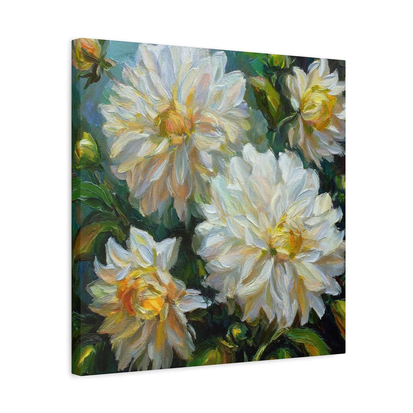White Dahlias Print Canvas, Floral Oil Paint Print 20x20, 24x24, 30x30, 32x32, 36x36 Art Design Pine-Wood Inner Frame MC-169
