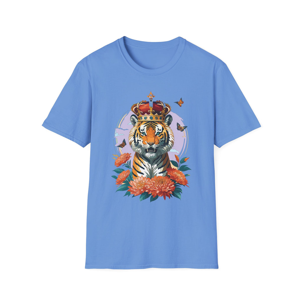Tiger with Crown T-Shirt | Regal Tiger Artwork, Floral Accents - Unisex 100 Cotton Gildan 64000