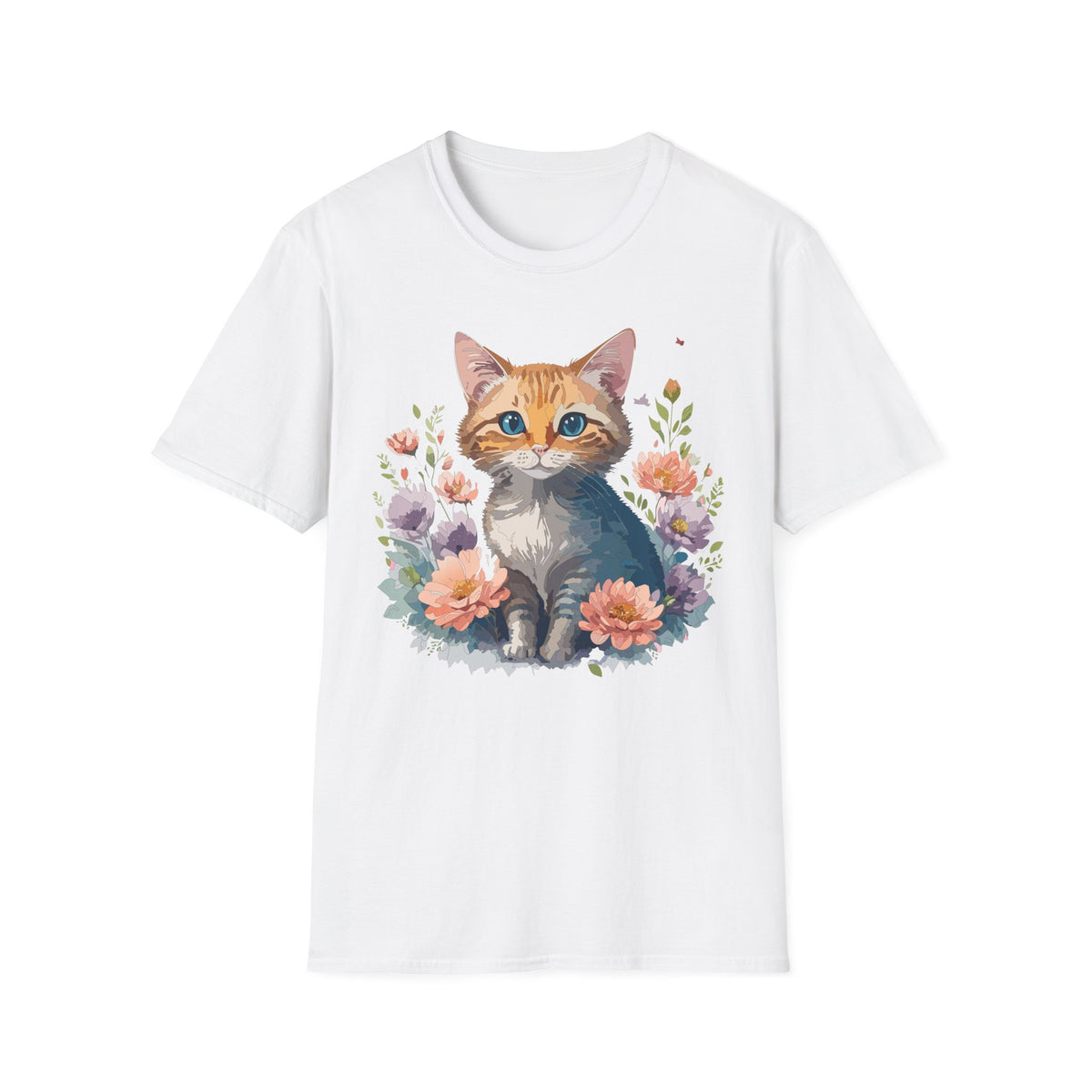 Watercolor Ginger Kitten T-Shirt | Floral Cat Illustration, Cute Kitty Tee