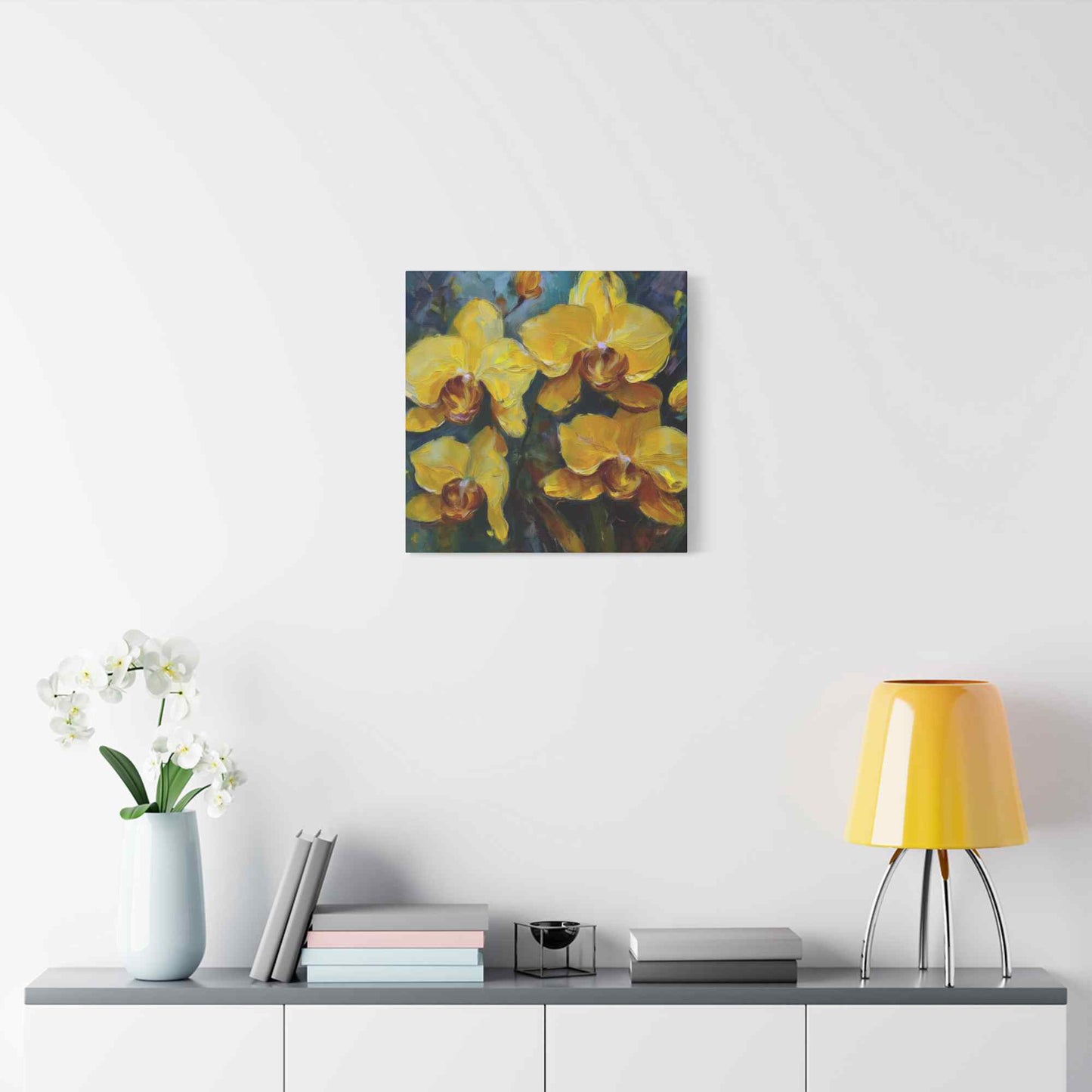 Yellow Orchids Print Canvas, Floral Oil Paint Print 20x20, 24x24, 30x30, 32x32, 36x36 Art Design Pine-Wood Inner Frame MC-138