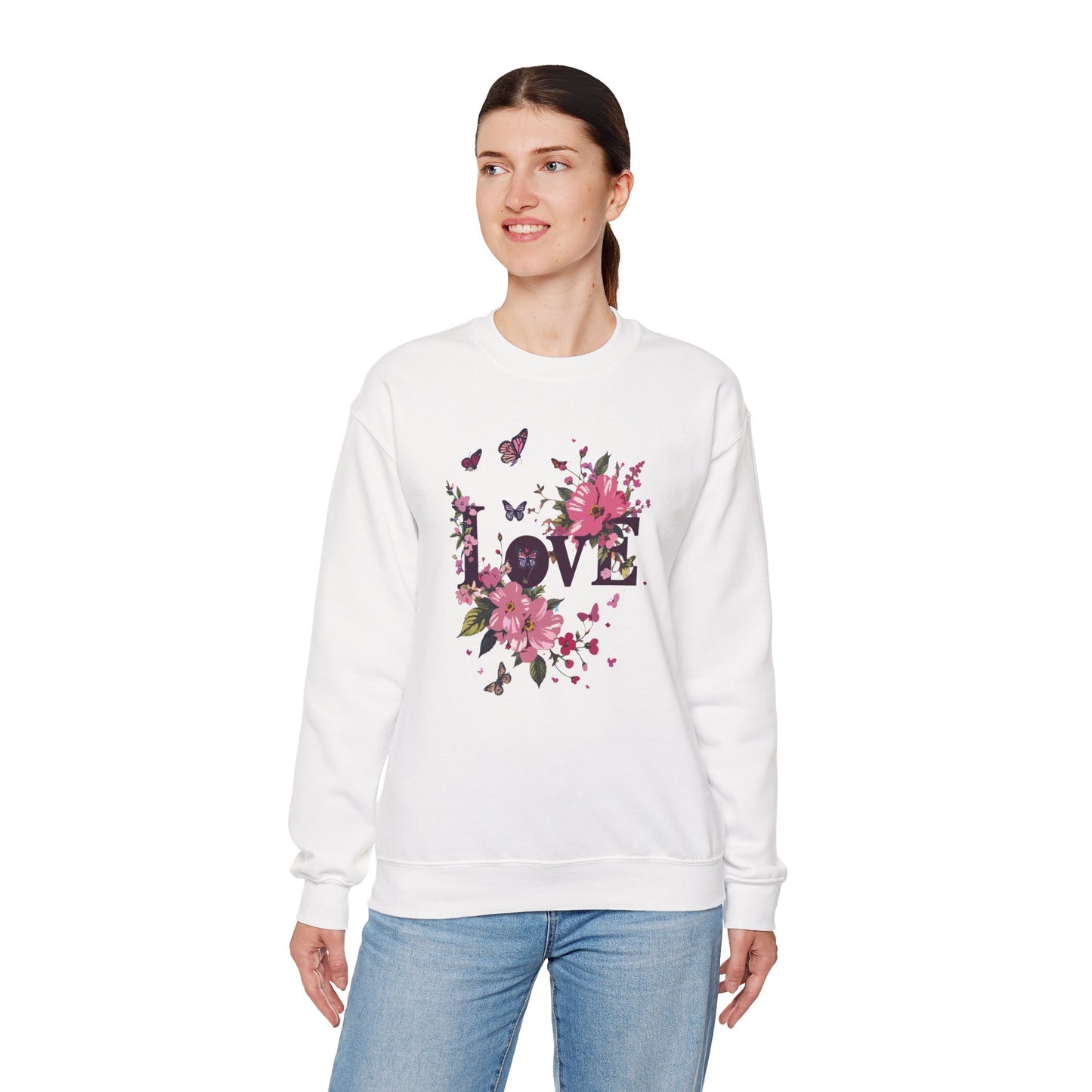 Unisex Floral Love Sweatshirt, Love Floral Sweatshirt, Floral Butterfly Sweatshirt, 50/50 Cotton-Poly Valentine's Day Sweatshirt 05