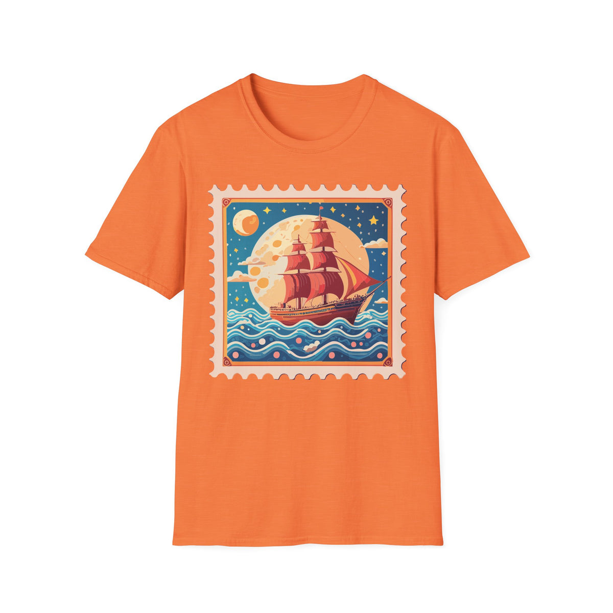 Vintage Sailing Ship Stamp T-Shirt | Retro Moon Ocean Illustration