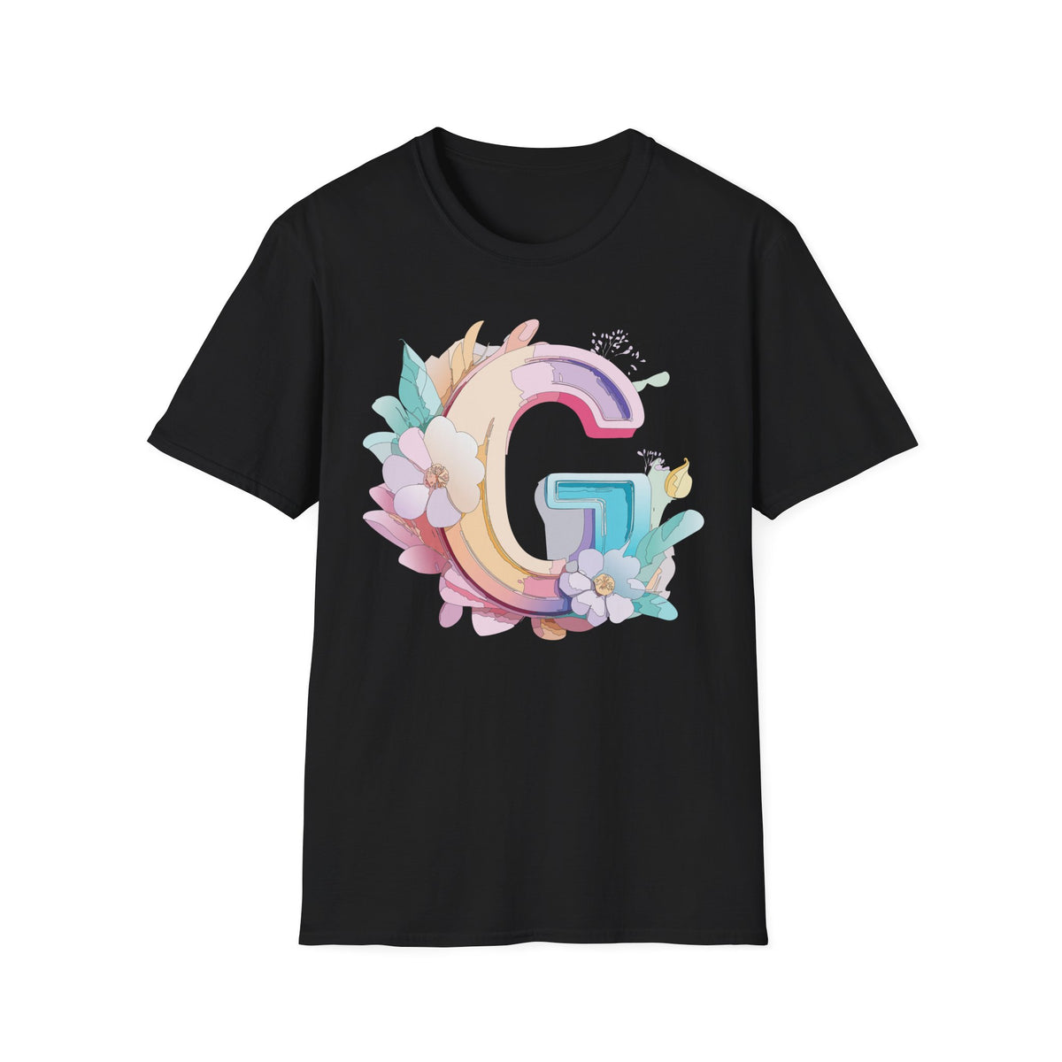 Floral Letter G T-Shirt | Monogram Initial Tee, Pastel Rainbow Blooms