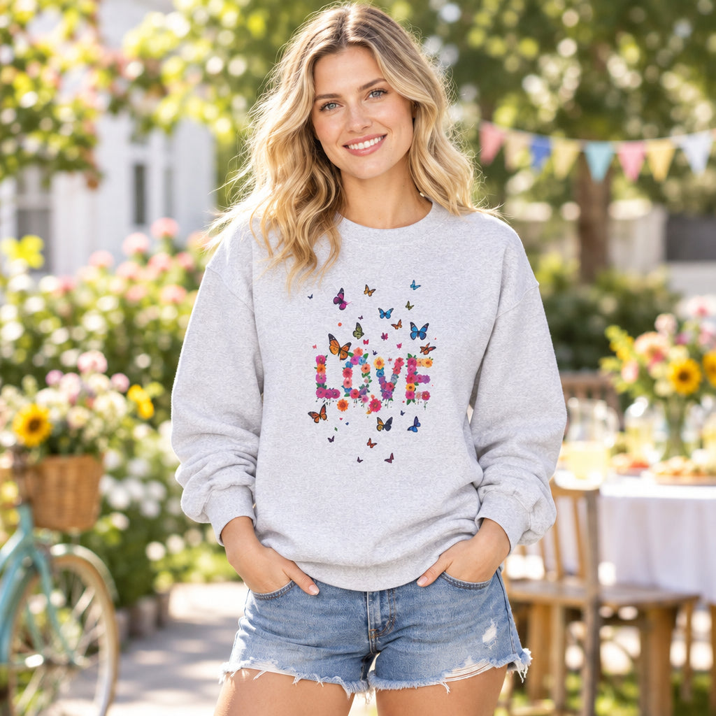 Unisex Floral Love Sweatshirt, Love Floral Sweatshirt, Floral Butterfly Sweatshirt, 50/50 Cotton-Poly Valentine's Day Sweatshirt 08