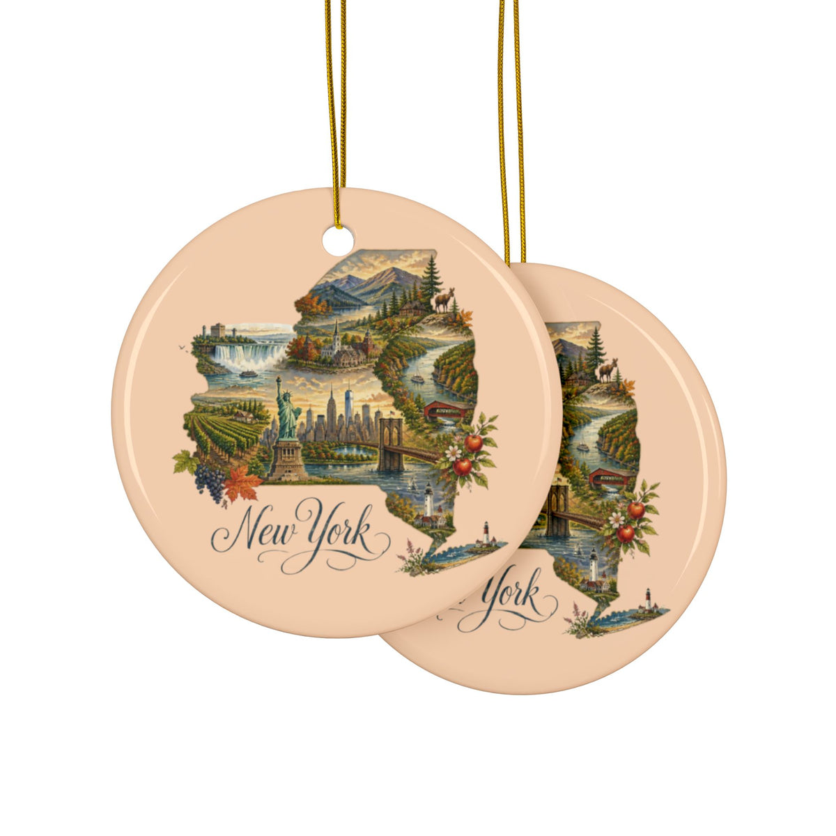 New York State Map Ornament | Ceramic Ornament - 2.99" includes gold string