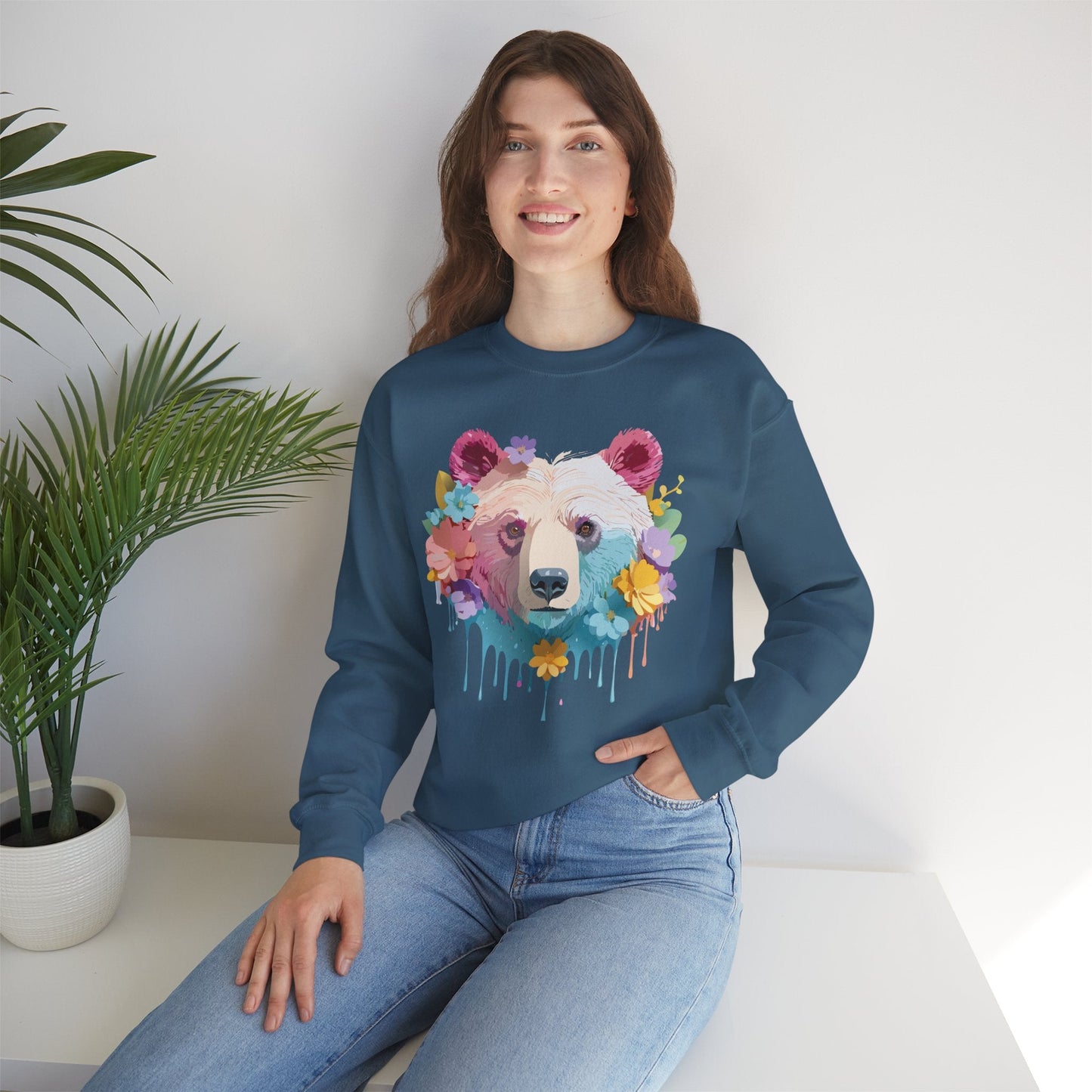 Unisex Floral Bear Sweatshirt Gildan 18000 Art Design Animals