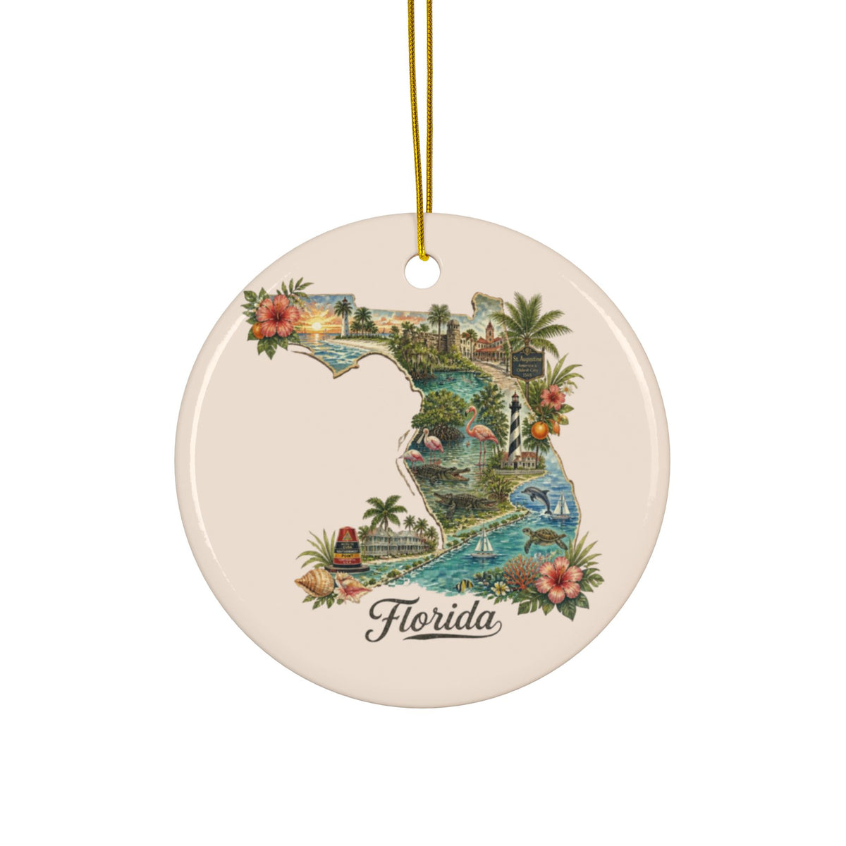 Florida state map floral illustration Ceramic Ornament - 2.99" Includes Gold String