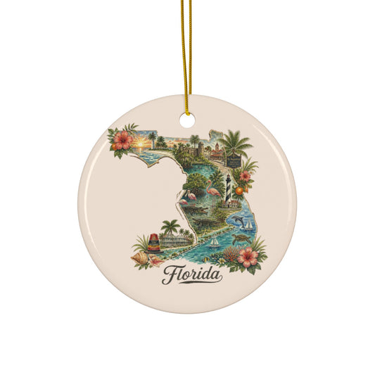 Florida state map floral illustration Ceramic Ornament - 2.99" Includes Gold String