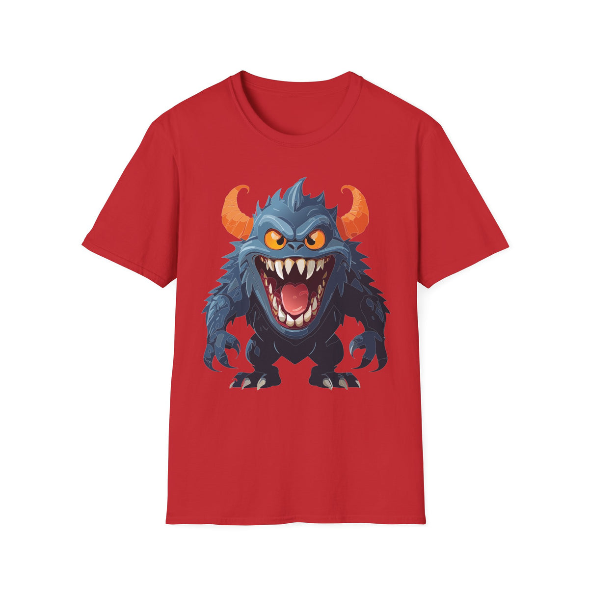 Monster Graphic T-Shirt — Fierce Blue Horned Creature Cartoon Graphic Tee Unisex 100 Cotton Gildan T-Shirt