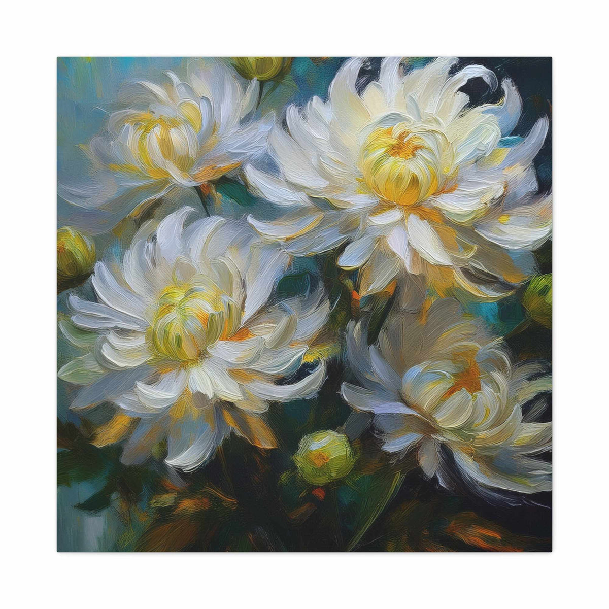 Chrysanthemums Print Canvas, Floral Oil Paint Print 20x20, 24x24, 30x30, 32x32, 36x36 Art Design Pine-Wood Inner Frame MC-159