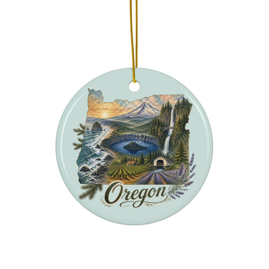 Oregon State Landscape Ceramic Ornament | Round Double-Sided Holiday Ornament - 2.99" Includes Gold String