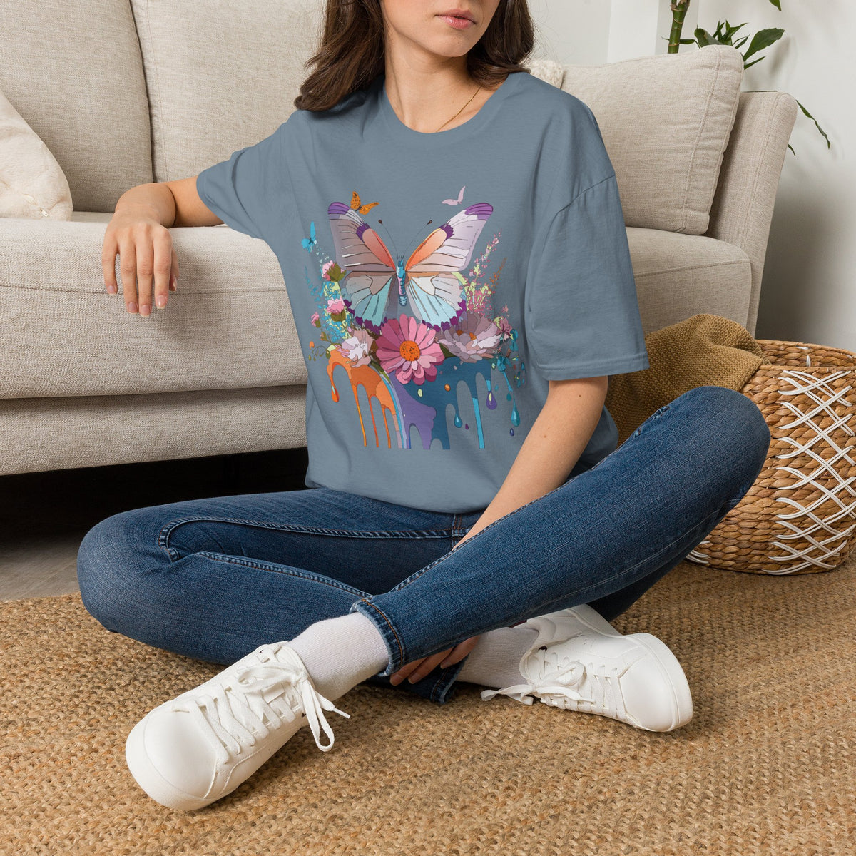 Butterfly Floral T-Shirt — Colorful Drip Art Garden Graphic Design Unisex 100 Cotton Gildan T-Shirt