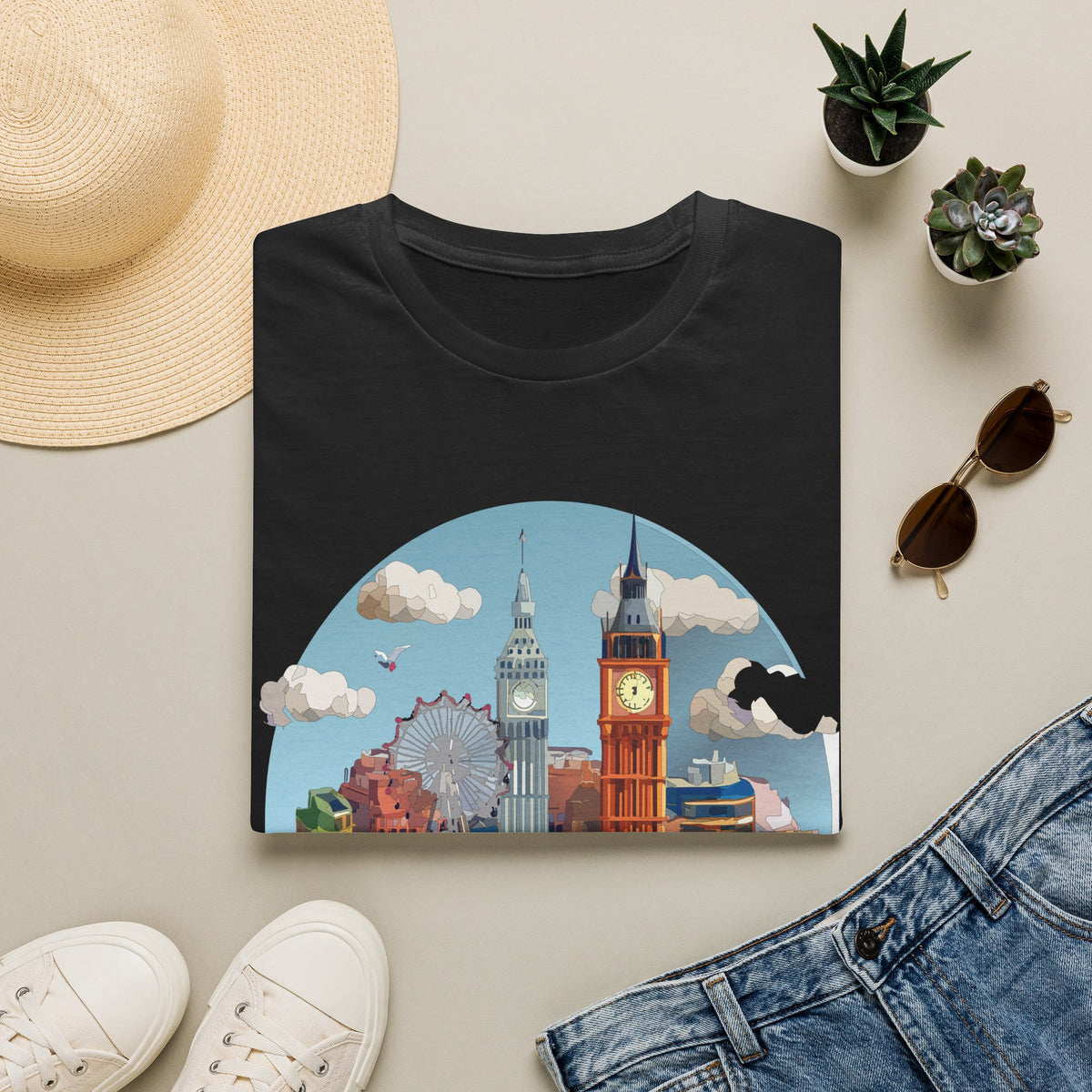 London Skyline illustration T-Shirt | Big Ben, London Eye, cityscape