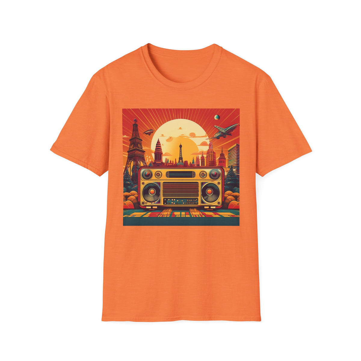 Retro Boombox Sunset Cityscape Graphic Posters, Post Stamps Design Unisex 100 Cotton Gildan T-Shirt