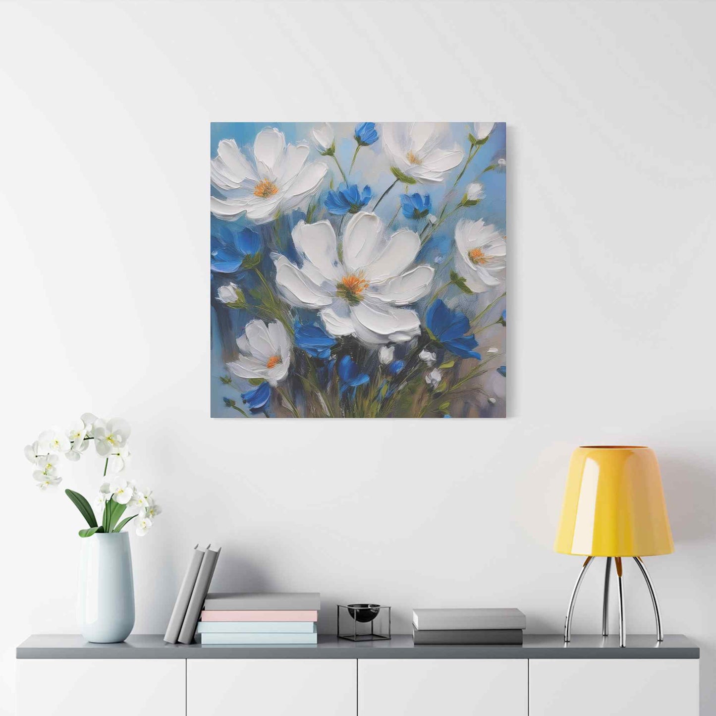 White Flowers Print Canvas, White Flowers Oil Paint Print 20x20, 24x24, 30x30, 32x32, 36x36, Art Design Print Non-Frame MC-9