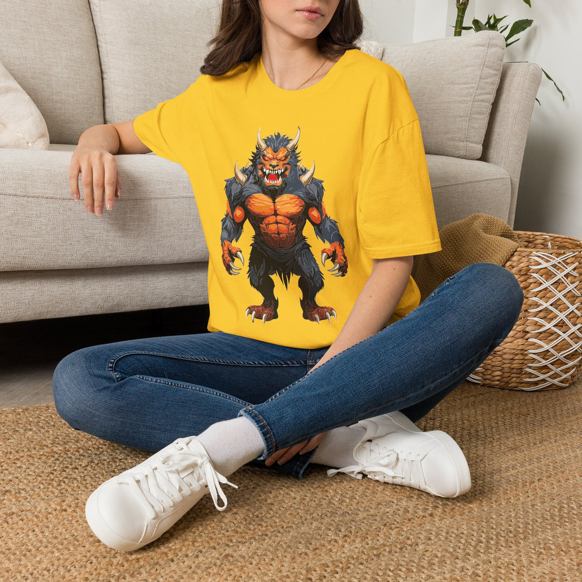 Werewolf Monster T-Shirt — Fierce Fiery Beast Cartoon Graphic Tee Unisex 100 Cotton Gildan T-Shirt