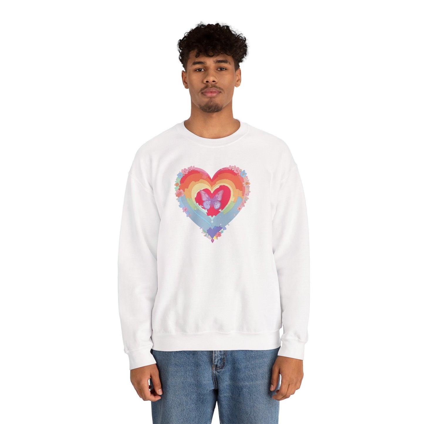 Rainbow Heart Floral Sweatshirt For Valentines Day Unisex Heavy Blend Crewneck Warm