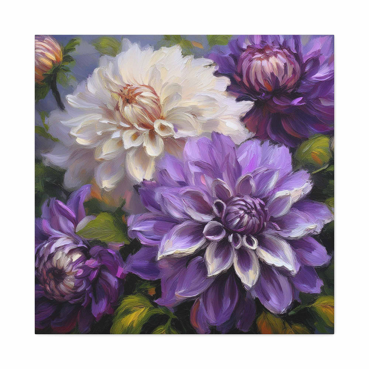 Dahlias Floral Print Canvas, Floral Oil Paint Print 20x20, 24x24, 30x30, 32x32, 36x36 Art Design Pine-Wood Inner Frame MC-172