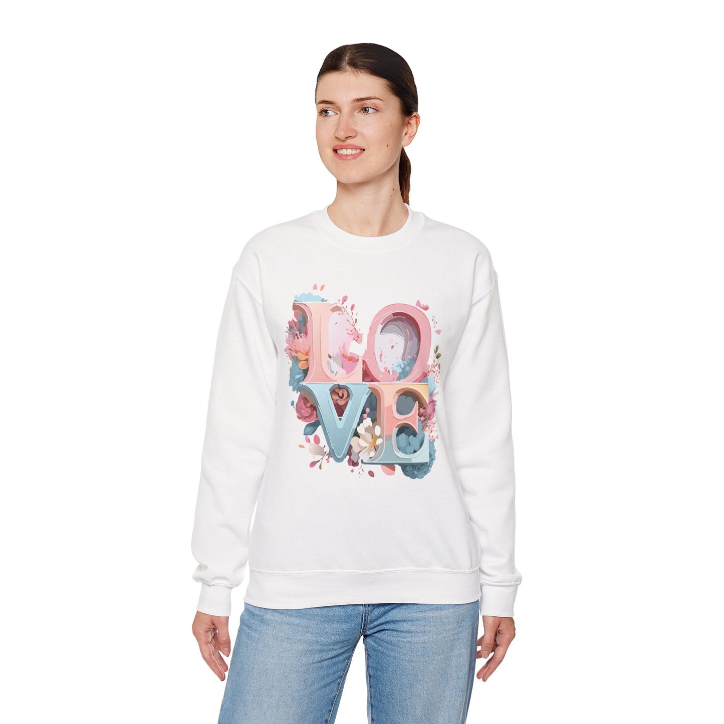 Floral Love Sweatshirt Unisex Crewneck Valentine Day Gift Gildan 18000 Fifty Fifty Cotton Blend