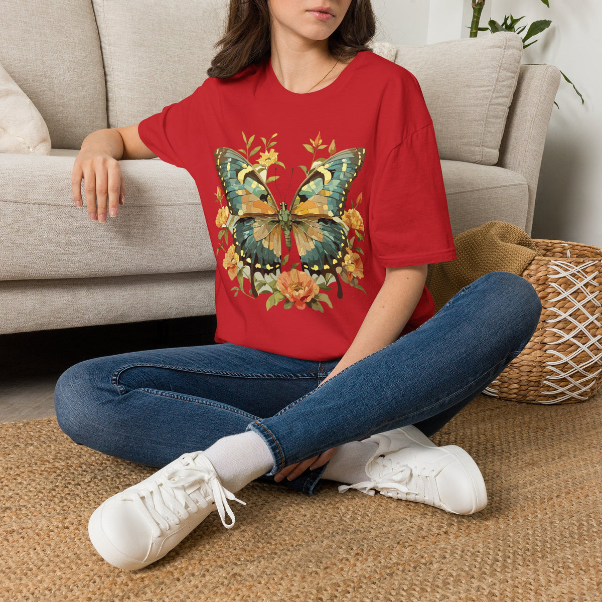 Butterfly Floral T-Shirt — Vintage Green & Gold Garden Graphic Tee Unisex 100 Cotton Gildan T-Shirt