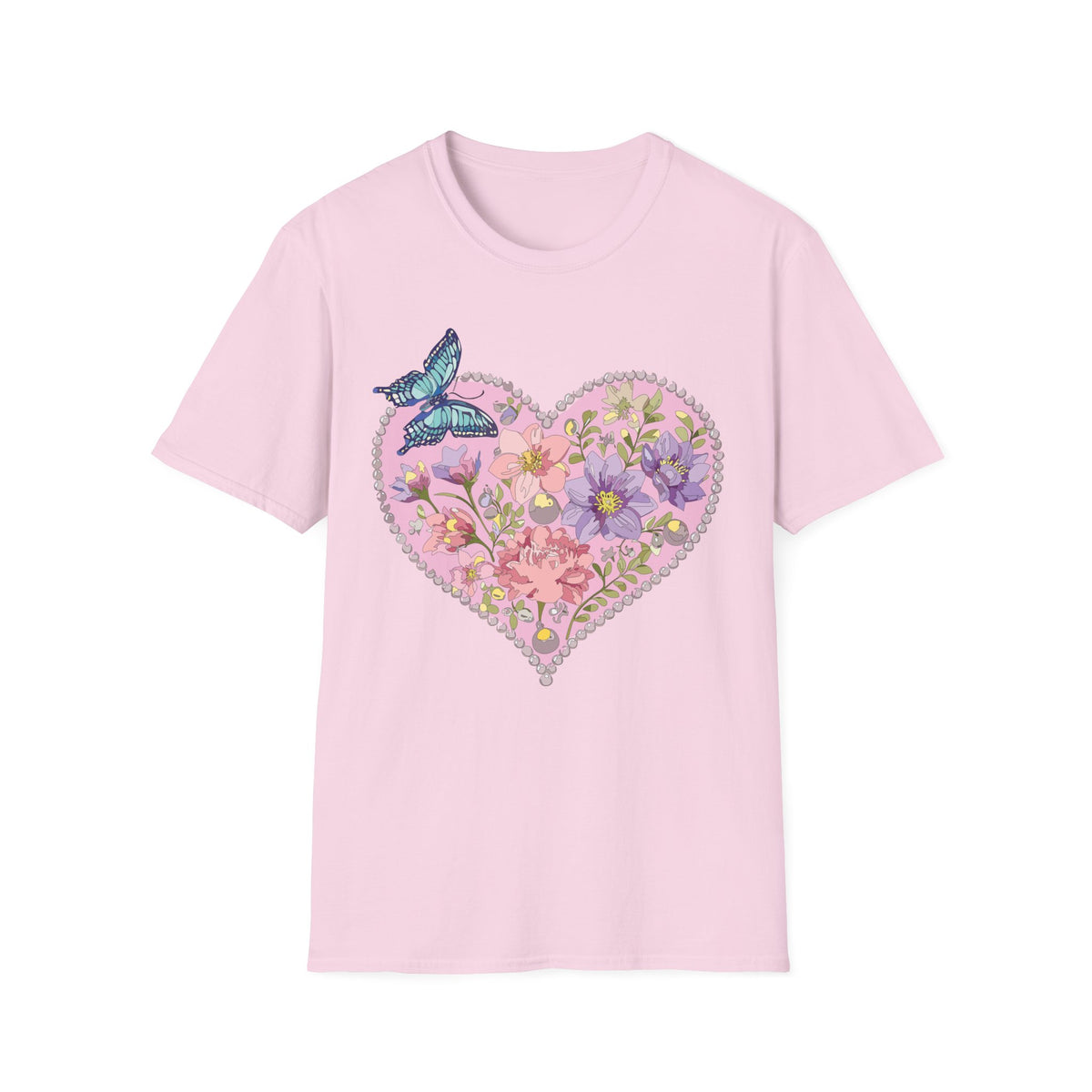Floral Heart with Butterfly T-Shirt | Botanical Heart Graphic Tee Unisex 100 Cotton Gildan T-Shirt